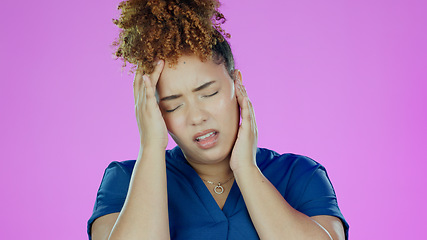 Image showing Fibromyalgia, black woman and muscle injury with stress and uncomfortable ache in studio on pink background. Neck pain, African person and inflammation, strain or anxiety with joint risk or problem