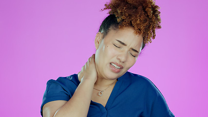 Image showing Neck pain, black woman and muscle injury with stress and uncomfortable ache in studio on pink background. Fibromyalgia, African person and inflammation, strain or anxiety with joint risk or problem