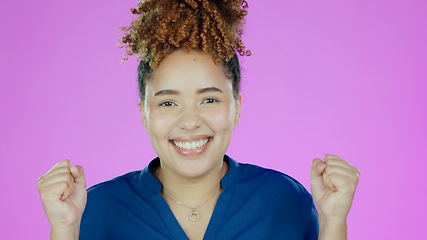 Image showing Happy woman, face and fist pump in celebration for winning or success against a studio background. Portrait of excited female person smile in happiness for bonus, promotion or sale discount on mockup