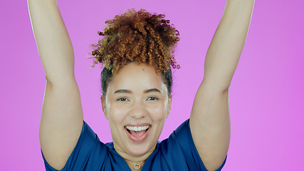 Image showing Free, excited and woman with smile, arms in the air and celebration is studio on purple background. Freedom, female and happy lady with excitement and joy for success, life and cheerful or motivation