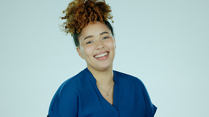 Image showing Happy, business and portrait of woman on blue background with smile, arms crossed and confidence. Happiness, professional worker and isolated face of person with pride, ambition and career in studio