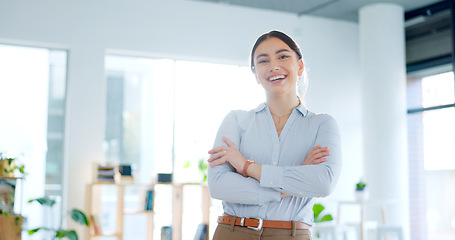 Image showing Smile, crossed arms and business woman in the office with confident, good and positive attitude. Happy, pride and professional young female lawyer from Canada standing in modern legal workplace.