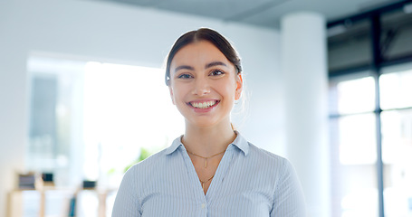 Image showing Smile, portrait and business woman in the office with confident, good and positive attitude. Happy, pride and headshot of professional young female lawyer from Canada standing in modern workplace.