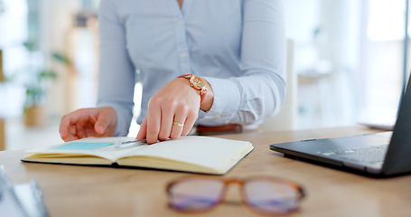 Image showing Employee, planning and notes in journal with desk, laptop and business schedule, agenda or administration reminder. Office, notebook and woman writing in diary with ideas for receptionist to remember