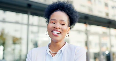 Image showing Business, portrait and happy black woman in city for corporate career or job outdoor. Face, confident professional and African entrepreneur, employee and consultant working in urban town in Nigeria