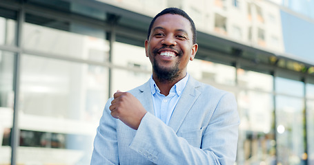 Image showing Business, portrait and happy black man in city for corporate career or job outdoor. Face, confident professional and African entrepreneur, employee and consultant working in urban town in Nigeria