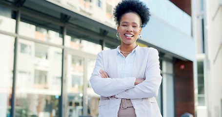 Image showing Business, portrait and black woman with arms crossed in city for corporate career outdoor. Happy face, confident professional and African entrepreneur, employee or consultant in urban town in Nigeria