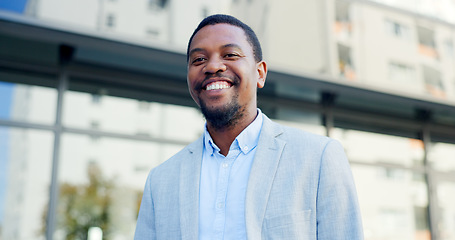 Image showing Black man, walking and businessman travel a city, happy outdoor and professional commute in the morning. Worker, office building and corporate employee in a town street on a break, smile and on trip