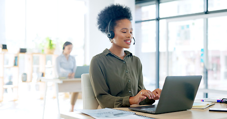 Image showing Laptop, call center and woman consultant in the office doing online consultation for crm business. Technology, customer service and professional African female agent working on computer in workplace