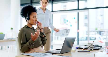 Image showing Laptop, customer support and woman consultant in the office doing online consultation for crm strategy. Technology, call center and professional African female agent working on computer in workplace.