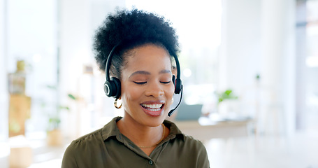 Image showing Black woman at callcenter, phone call and CRM with contact us and customer service job. Telemarketing, help desk and advice with receptionist or consultant in conversation, telecom and communication