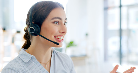 Image showing Callcenter, communication and contact us, happy woman and phone call with telecom or customer service. Conversation, headset and mic with help desk and talking for telemarketing sales and consultant