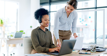 Image showing Women, training and teamwork on call center computer for advice in sales, telemarketing feedback or management. Business agency, manager and consultant talking with documents and laptop for planning