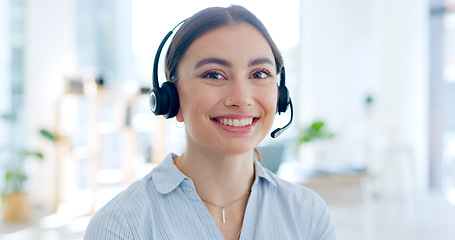 Image showing Call center, communication and contact us, woman in portrait with telecom or customer service. Conversation, headset and mic with help desk and CRM, telemarketing sales and consultant in office