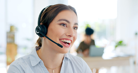 Image showing Callcenter, communication and CRM, woman and phone call with telecom or customer service. Contact us, headset and mic with help desk and talking for telemarketing sales and consultant at office