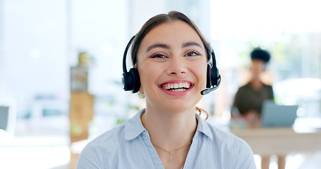 Image showing Callcenter, communication and contact us, happy woman in portrait with telecom or customer service job. Consulting, headset and mic with help desk and CRM for telemarketing sales and consultant