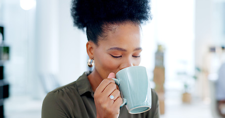 Image showing Black woman, drink and coffee break in office to relax in business, agency and company. Calm, employee and drinking cup of tea or espresso for energy, peace and motivation in professional workplace