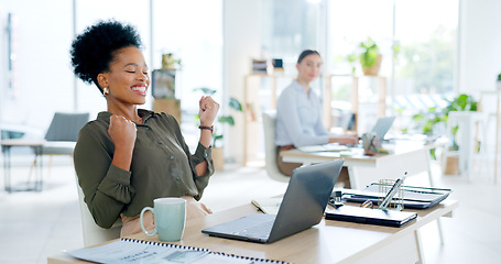 Image showing Business woman, winner and laptop for success, celebration and marketing sales or project achievement in office. Professional worker with yes, excited and reading email or startup news on computer