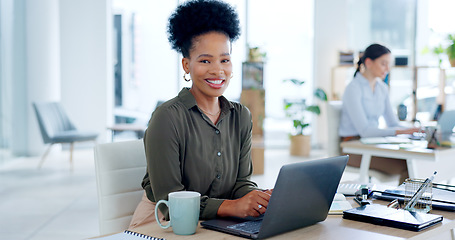 Image showing Business, portrait and black woman with a laptop, internet and online reading with planning, typing and employee. African person, consultant and worker with a pc, email notification and website info