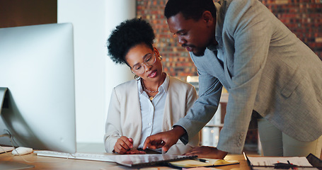 Image showing Business people, teamwork and planning with documents, finance report and budget proposal for startup project. Professional woman and manager talking, collaboration or review of audit in night office