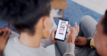 Image showing Food, menu and people online shopping with phone on sofa in home, living room and order dinner together. Ecommerce, mobile app and black couple ux, scroll or choice on screen for meal delivery