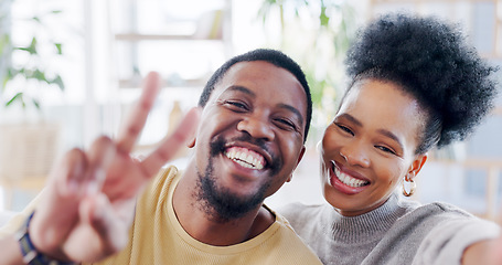 Image showing African couple, selfie and home with peace sign, smile or romance on blog, love or bonding with emoji. Black woman, man and photography for portrait, profile picture and icon on social media in house