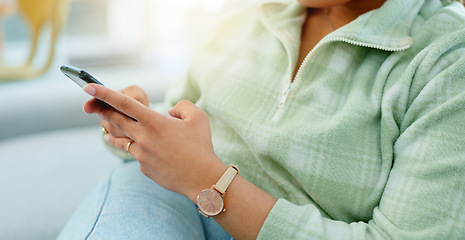 Image showing Home, closeup and woman with a cellphone, typing and connection with social media, relax and network. Person, apartment or girl with a smartphone, mobile user and contact with digital app or internet