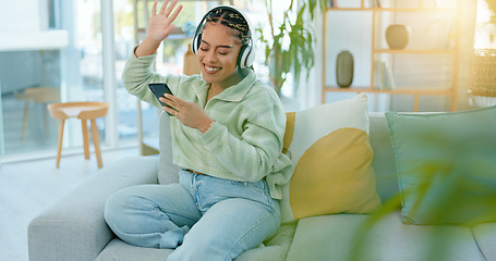 Image showing Woman, wave and headset on video call in living room with people, friends or family from holiday to Bali. African, person and happy on face, smile or excited with telecom on internet, app or web