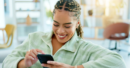 Image showing Happy, woman and scroll with phone on sofa in home, living room or apartment with internet communication or contact. Funny, meme or video on social media or person typing in chat online and cellphone