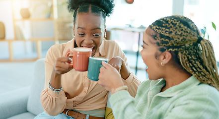 Image showing Home, friends and women with coffee, funny and relax with conversation, weekend break and communication. Apartment, people and girls with tea, cheers and discussion with support, talking and espresso