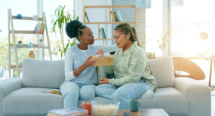 Image showing Woman, friends and sad on sofa in living room with support, empathy or comfort for divorce. African, people and together for talk, crying and compassion for loss, grief or stress with understanding