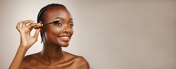 Image showing Makeup, woman and mascara for beauty, cosmetics and eyelash extension in studio on brown background. Banner, african model and brush lashes for skincare application, mockup space and aesthetic tools