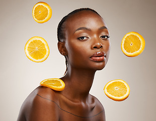 Image showing Black woman, skincare or facial treatment with orange, beauty and cosmetics for healthy skin, vitamin c or face. Portrait, model and glow for dermatology, natural and vegan with citrus, clean or face