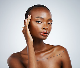 Image showing Portrait of black woman, natural beauty or healthy skin for wellness in studio with cosmetics or glow. Dermatology, detox or confident African girl model with skincare results on white background