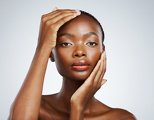 Image showing Portrait of black woman, natural beauty or dermatology for wellness in studio with cosmetics or glow. Healthy skin, detox or confident African girl model with skincare results on white background