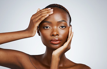 Image showing Portrait of black woman, aesthetic or natural beauty with wellness in studio with cosmetics or glow. Dermatology, clean detox or confident African girl model with skincare results on white background