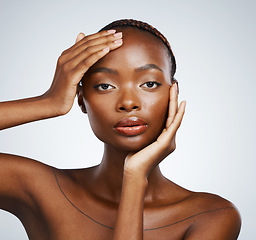 Image showing Portrait of black woman, natural beauty or skincare for wellness in studio with cosmetics or glow. Face shine, clean detox or confident African girl model with dermatology results on white background