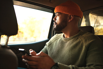 Image showing Man, smartphone in car and communication, travel and transportation, navigation app and social media. Email, chat and taxi cab, technology and text message with transport and search location online