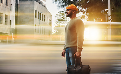 Image showing Person, motion blur and car traffic on street, urban city and walk to college, transportation and asphalt. Man, cbd and office building on sidewalk, pollution and fashion in travel or commute on road