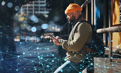 Image showing Smartphone, innovation and man in city, digital transformation with typing and communication outdoor. Software, cyber and social media with global network, tech evolution and future with bokeh