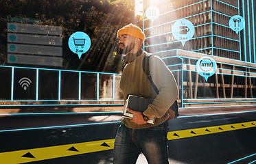 Image showing Travel, hologram for location and man walking in a city as a tourist with an icon interface to highlight a hotspot. Augmented reality map, direction or navigation with a young person in an urban town