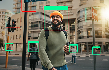 Image showing Man in city, face recognition and innovation, technology and identity, information and biometric for digital transformation. Frame, tech evolution and future with urban surveillance in street