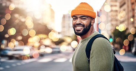 Image showing Happy, man and portrait in city with student to travel, commute or walking to university in urban, cbd or town campus. Outdoor, bokeh and confident person in college relax in street with smile