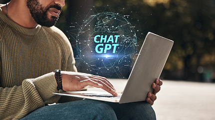 Image showing Outdoor, hologram and ai with man, laptop and typing with online chatting, website information and network. Closeup, person and guy outdoor, pc and holographic with social media and search internet