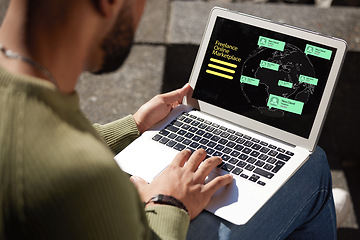 Image showing Outdoor, connection and copywriting with man, laptop and typing with online chatting, website information and network. Closeup, person and guy outdoor, pc and research with digital app and internet