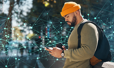 Image showing Man using phone in city, innovation and digital transformation, typing on social media and communication. Software, cyber and search urban location with global network, tech evolution and future
