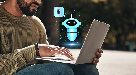 Image showing Outdoor, hologram and chatbot with man, laptop and online message with website information, search internet and network. Closeup, person and guy outdoor, pc and holographic with social media and text