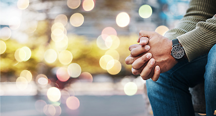 Image showing Hands, stress and double exposure with a person waiting in the city on space during travel delay as a tourist closeup. Anxiety, depression and a person in an urban town for foreign tourism in summer