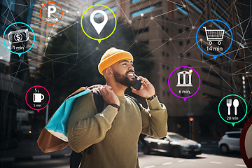 Image showing Man, phone call and city or icons hologram, shopping bag and e commerce, travel algorithm for digital search. African student talking, mobile chat and customer service or walking in augmented reality