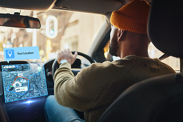 Image showing Man, driving and hologram map in car with direction, guide or navigation to location in city with futuristic auto tech. 3d, chart or planning transport or journey with future vehicle technology